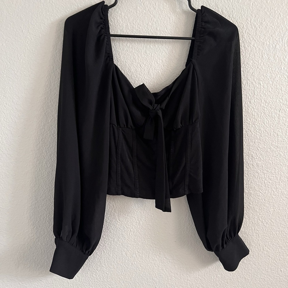 Women's Large Black Top Blouse Sheer Sleeve Corset Empire Waist Bow Cropped
